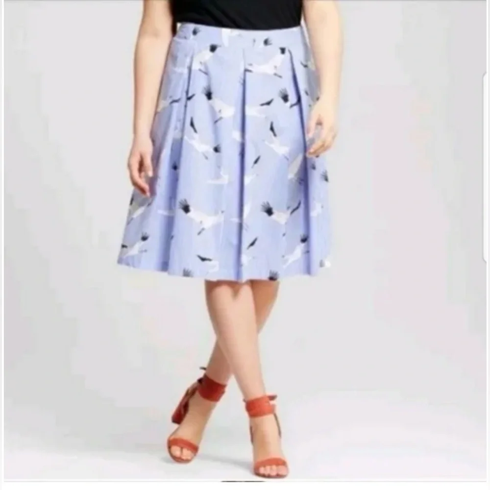 Who What Wear blue & white striped pleated midnskirt SZ 16 A-line w/crane bird - Picture 3 of 11